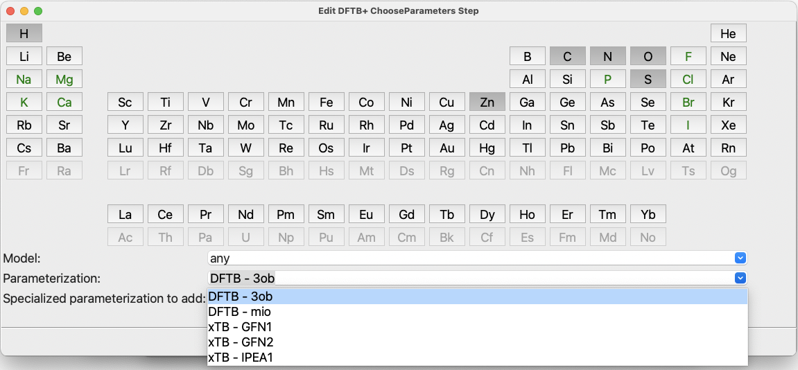 The ChooseParameters dialog with elements selected