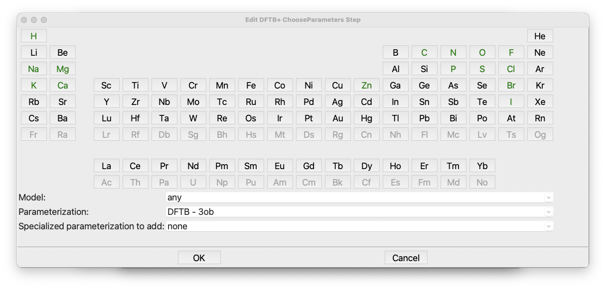The DFTB+ ChooseParameters dialog