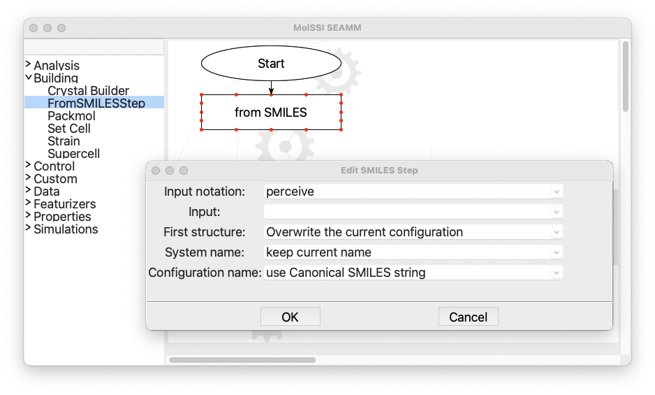 The dialog for the FromSMILES step