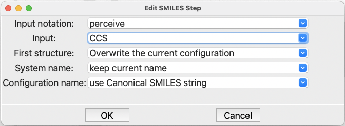 The dialog for the FromSMILES step