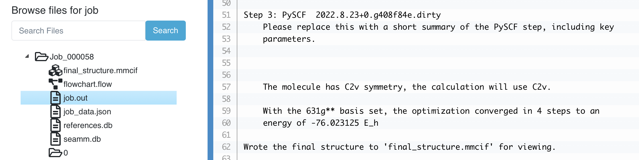 The output from running PySCF on water
