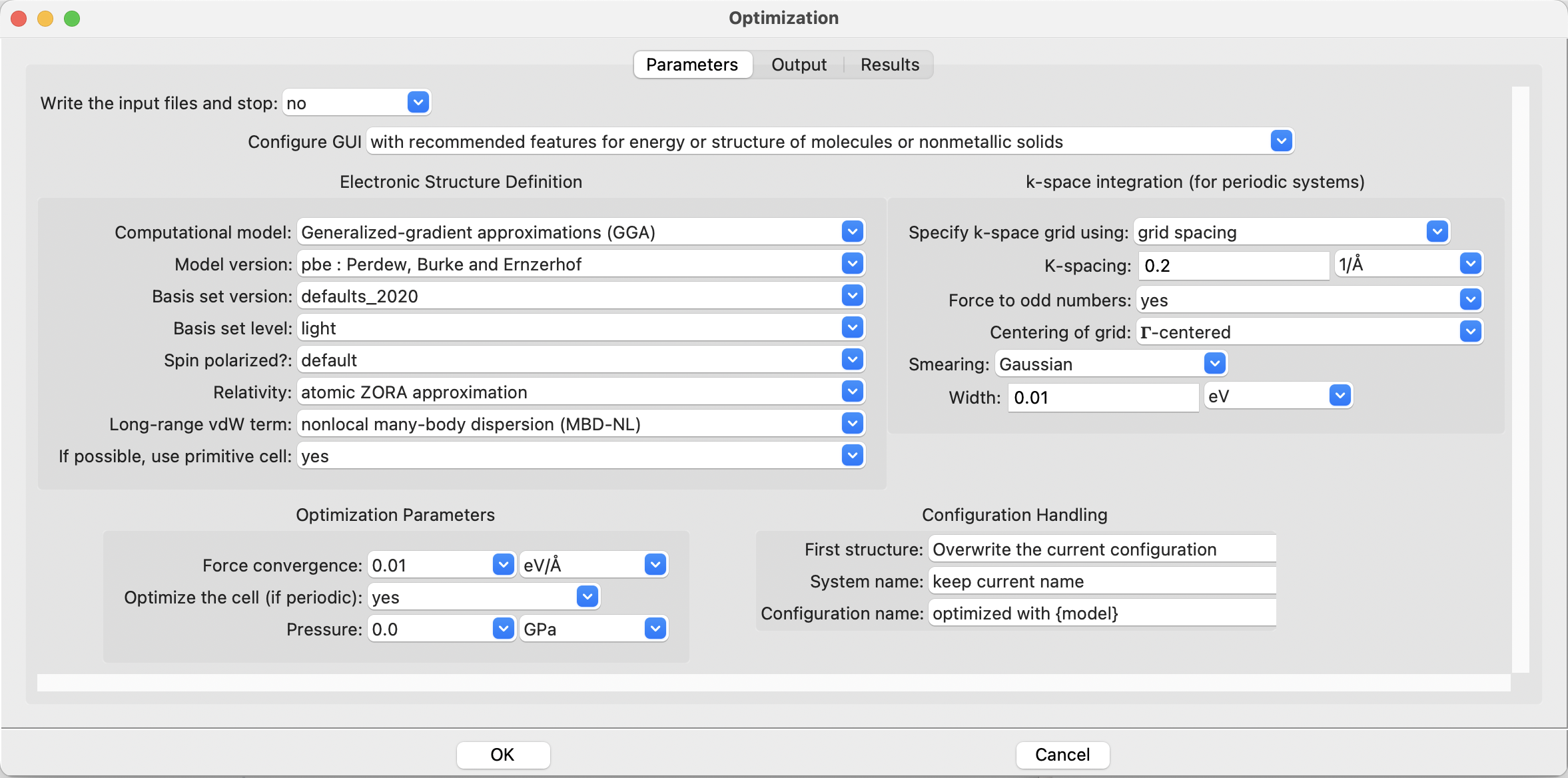 The FHI-aims Optimization dialog