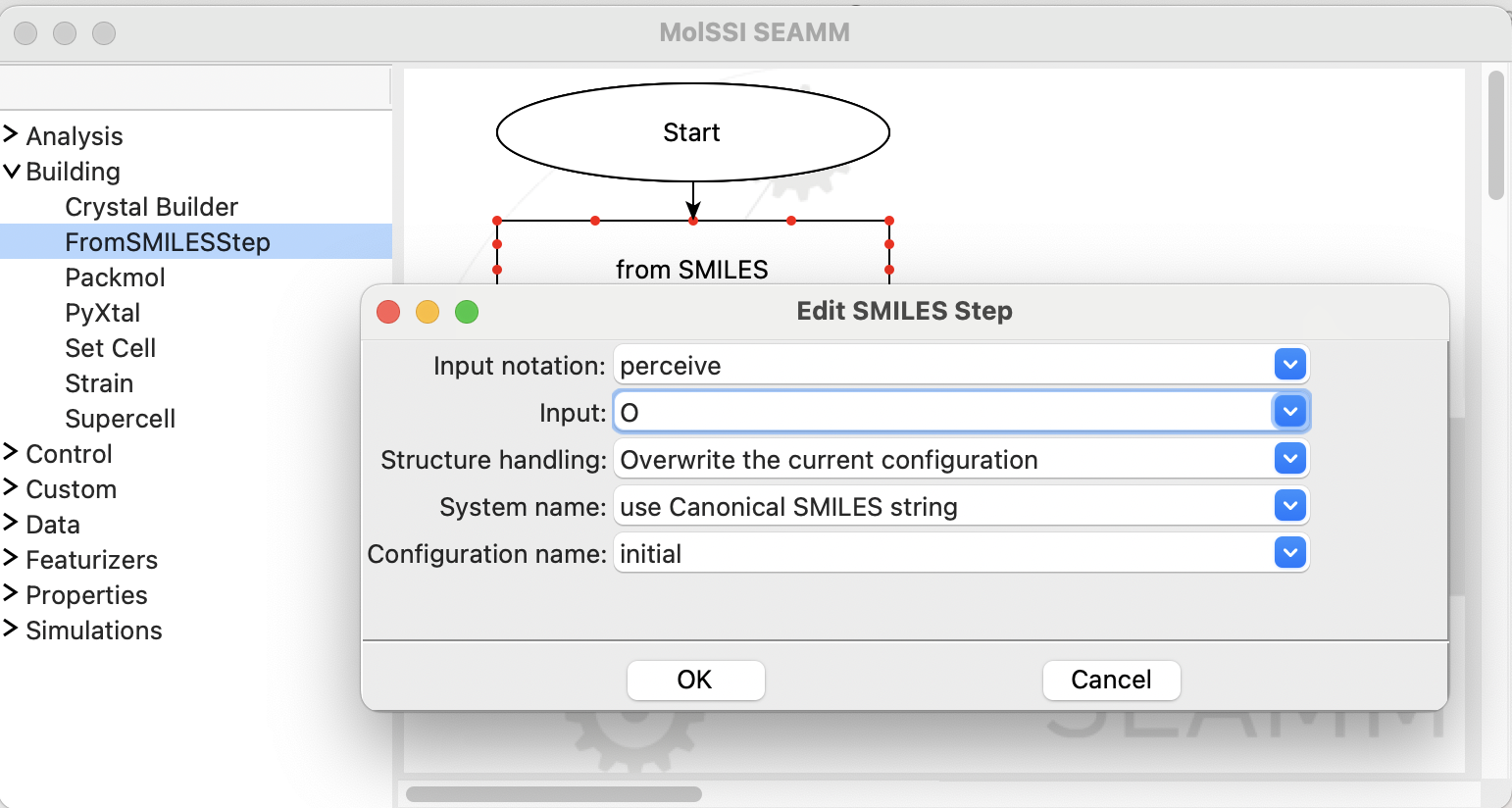 The dialog for the FromSMILES step