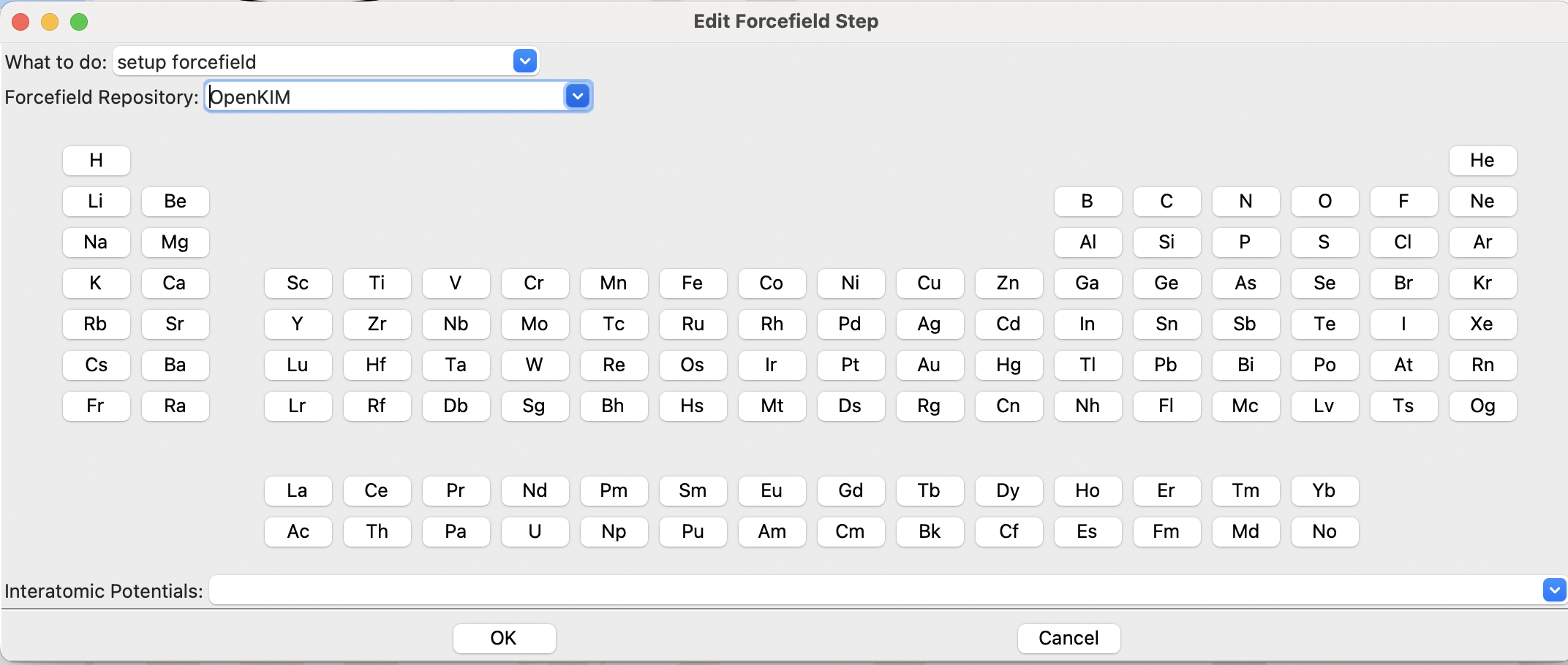 The initial forcefield dialog